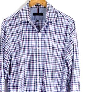 Tommy Hilfiger Slim Fit Non Iron Dress Shirt Men 16 34 35 Blue Purple Check